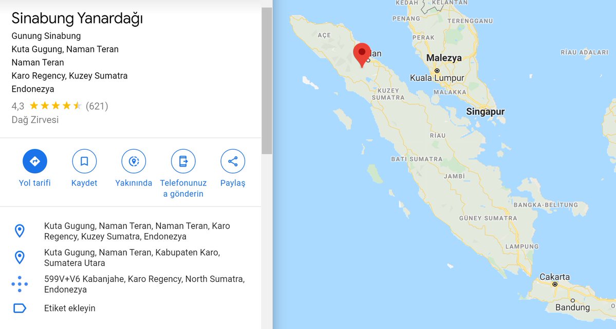 Endonezya'daki Sinabung Yanardağı'nın deniz ya da bir göl kıyısında bulunmadığı haritadaki konumundan anlaşılabiliyor