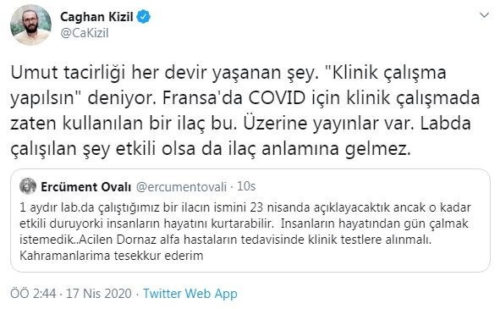 ercüment ovalı koronavirüs ilacı açıklama