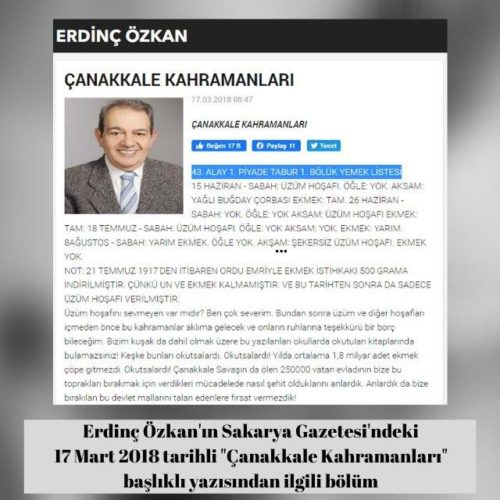 Sakarya Gazetesi'nden Erdinç Özkan'ın 17 Mart 2018 tarihli "Çanakkale Kahramanları" başlıklı yazısı