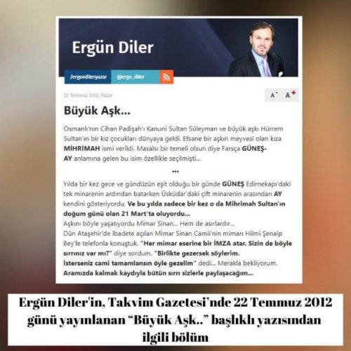 Ergün Diler'in Takvim Gazetesi'nde 22 Temmuz 2012 günü yayınlanan "Büyük Aşk.." başlıklı köşe yazısı