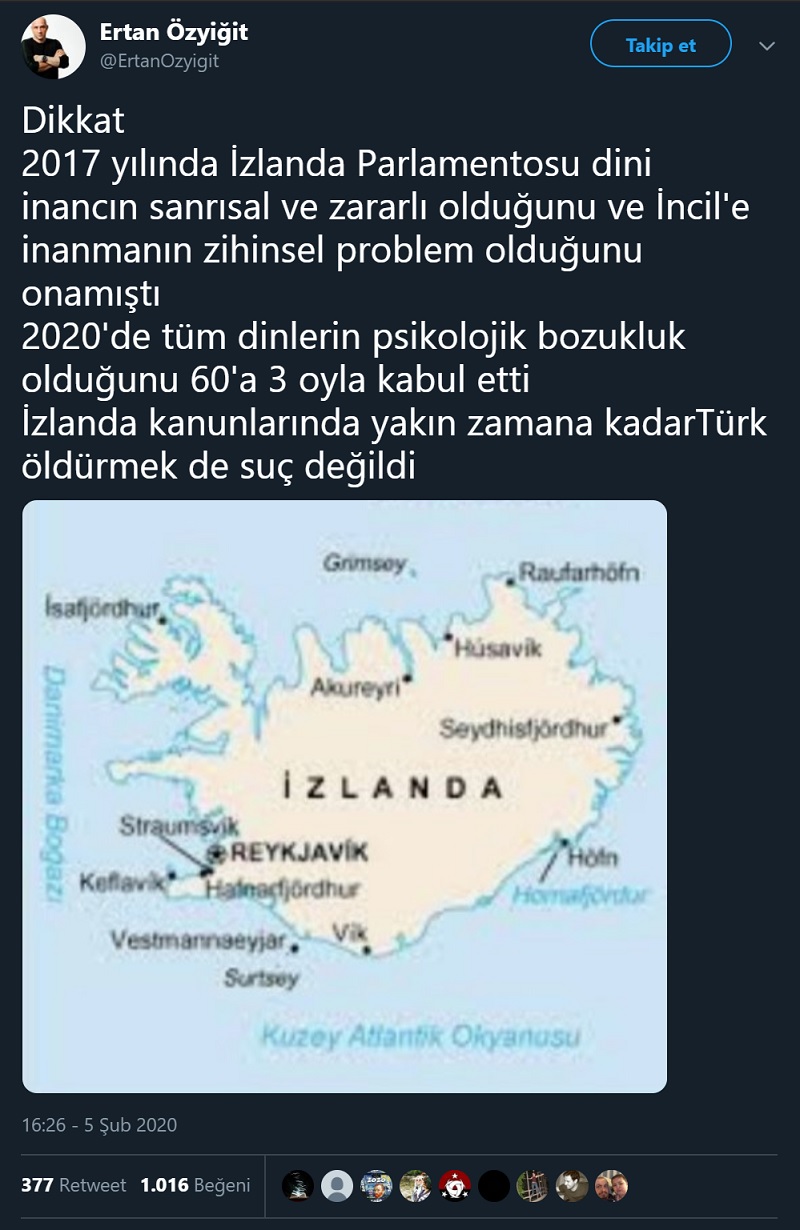 Ertan Özyiğit'in İzlanda'nın tüm dinleri psikolojik rahatsızlık kabul ettiği iddiasını içeren paylaşımı