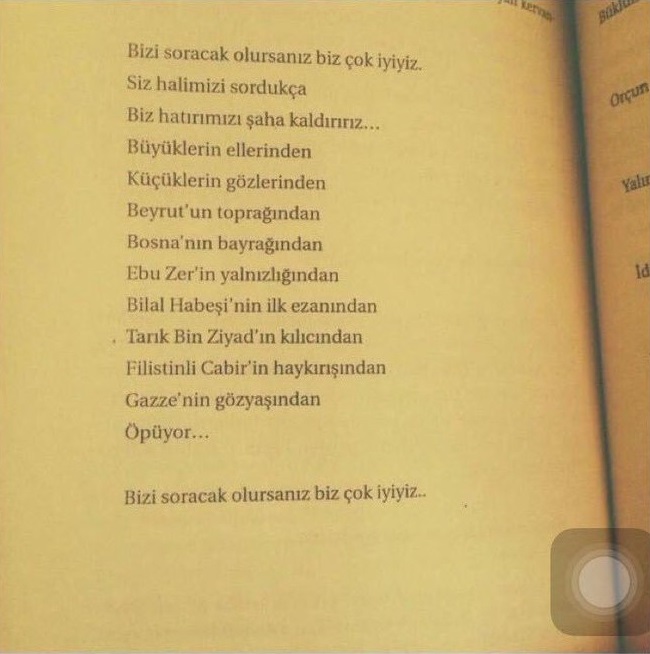 Esra Elönü'nün Hay Aksi adlı kitabında Gazze'nin Gözyaşlarından Öpeceğiz şiirinin yer aldığı sayfa