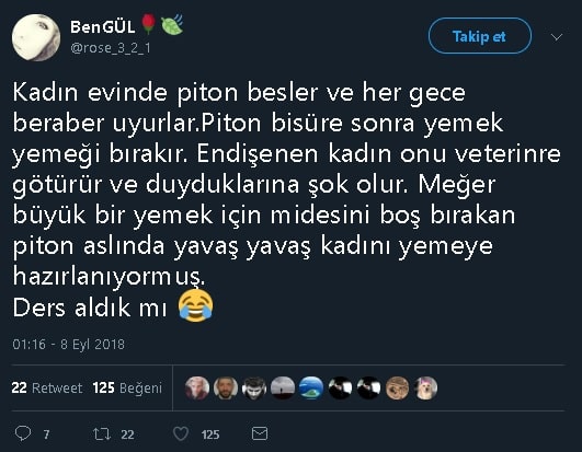 Bir kadının evde beslediği ve birlikte uyuduğu piton yılanının kendisine yemeye hazırlandığını öğrendiğine dair hikayeyi paylaşan tweet