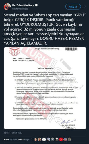 Sağlık Bakanı Fahrettin Koca'nın gizli koronavirüs genelgesi olduğu ididasıyla paylaşılan yazının sahte olduğunu açıkladığı paylaşımı