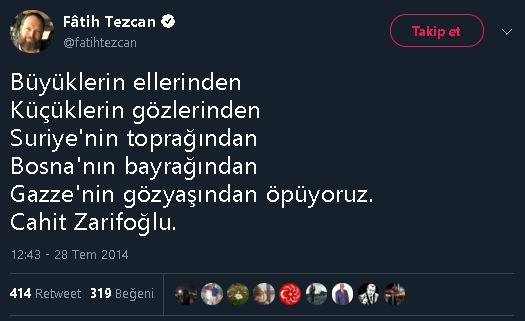 Fatih Tezcan'ın "Gazze'nin gözyaşından öpeceğiz" mısrasını içeren şiirin sahibini Cahit Zarifoğlu sandığı paylaşımı