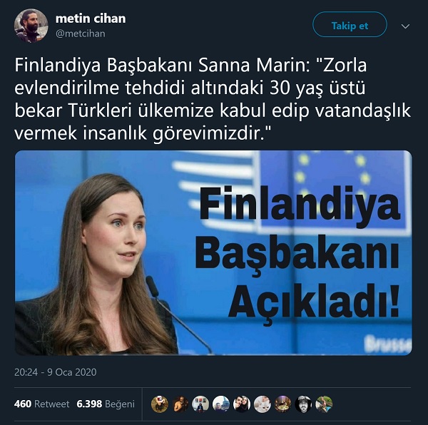 Metin Cihan'ın Finlandiya Başbakanı'nın 30 yaş üstü bekar Türkleri ülkesine davet ettiği yönündeki trollemesi