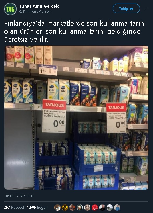 Finlandiya'da marketlerde son kullanma tarihi olan ürünlerin, son kullanma tarihi geldiğinde ücretsiz verildiğini öne süren paylaşım