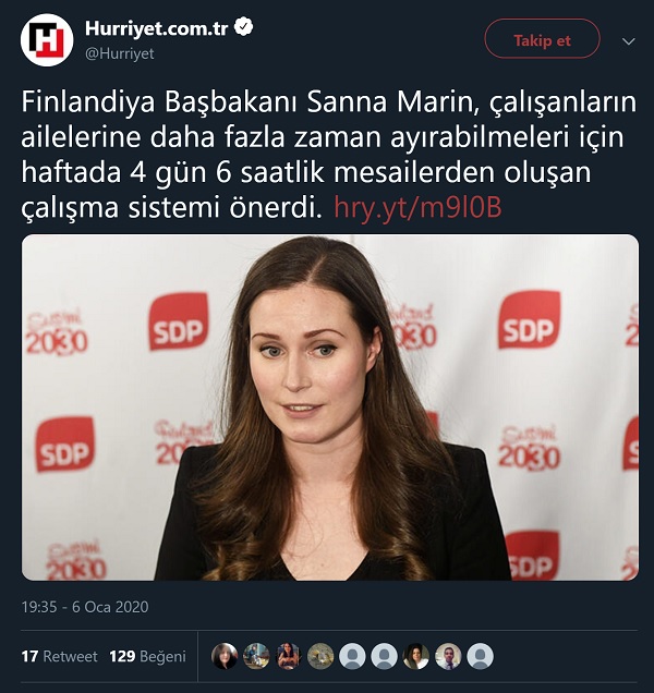 Finlandiya'da haftada dört gün, günde altı saat çalışma sistemine geçileceğin duyurulduğu iddiasını aktaran haber