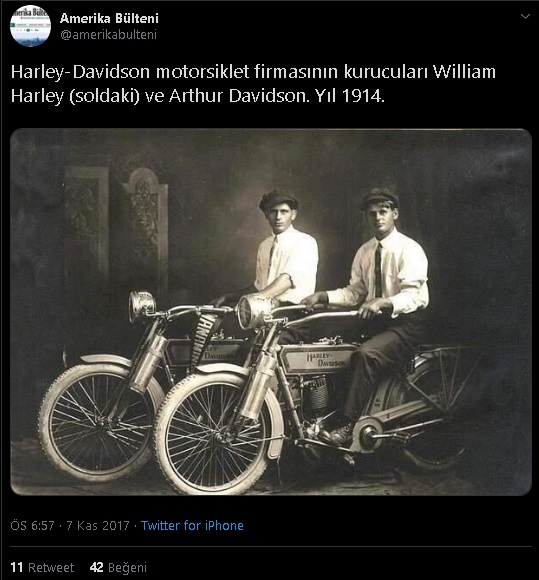 Fotoğraftaki kişilerin William Harley ve Arthur Davidson olduğunu öne süren paylaşım