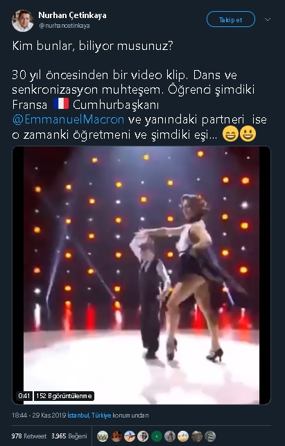 Videoda dans eden delikanlının Fransa Cumhurbaşkanı Emanuel Macron, hanımefendinin ise Emanuel Macron'un eşi Brigitte Macron olduğunu öne süren tweet