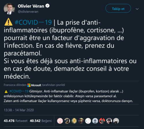 Fransa Sağlık Bakanı Olivier Veran tarafından paylaşılan tweet