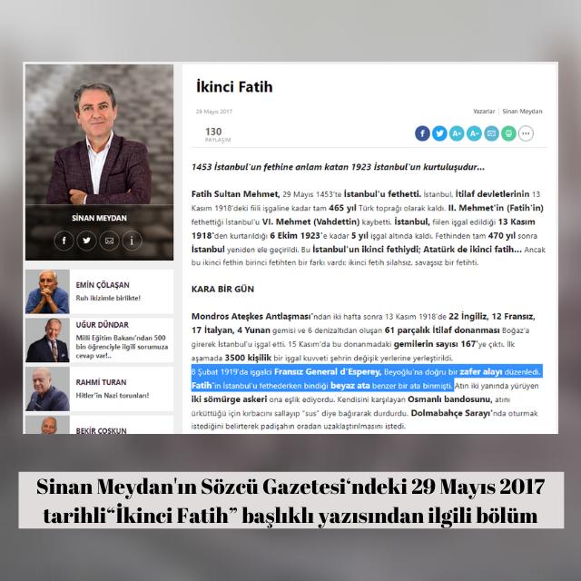 Sinan Meydan'ın Sözcü Gazetesi'ndeki "İkinci Fatih" başlıklı 29 Mayıs 2017 tarihli yazısı