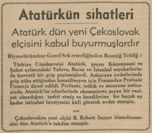 Ulus Gazetesinde 31 Mart 1938 tarihinde yayınlanan "Atatürkün sıhatleri" başlıklı haber