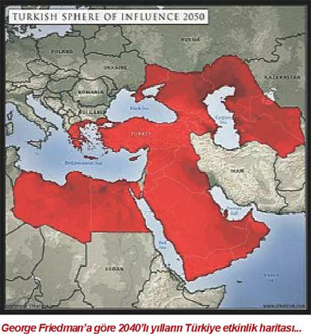 George Friedman'a göre 2040'lı yılların Türkiye etkinlik haritası alt başlığıyla paylaşılan görselin daha sonra CIA'nın 2040 haritası olarak paylaşılmaya başlandığı anlaşılıyor