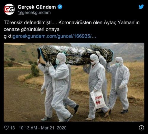 Aytaç Yalman'ın cenazesine ait olduğu iddiasıyla 2014 yılından ilgisiz bir fotoğrafı içeren haber