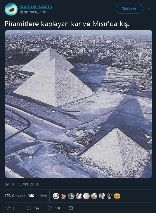 Giza Piramitlerinin karlı halini gösterdiği öne sürülen fotoğrafı içeren tweet