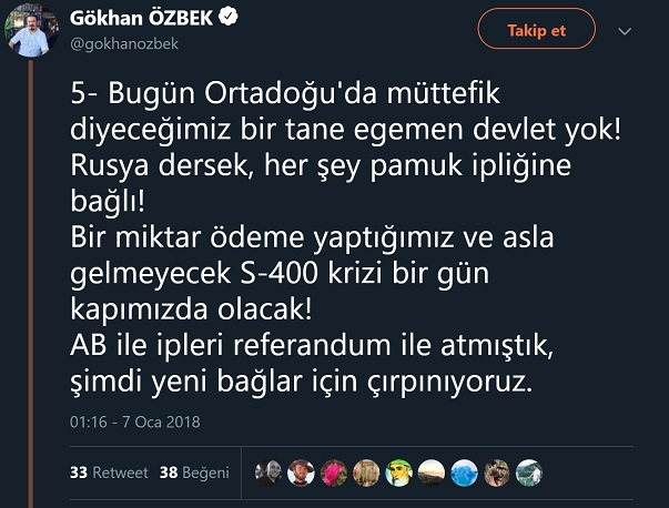 Gökhan Özbek'in S-400 sisteminin alınmayacağını öne sürdüğü paylaşımı