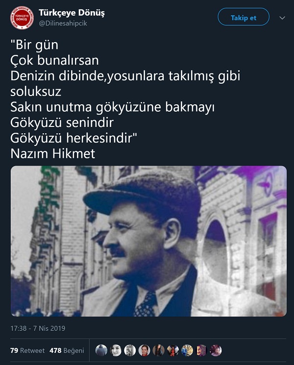 "Gökyüzü senindir, gökyüzü herkesindir" dizelerinin Nazım Hikmet'e ait olduğunu öne süren paylaşım