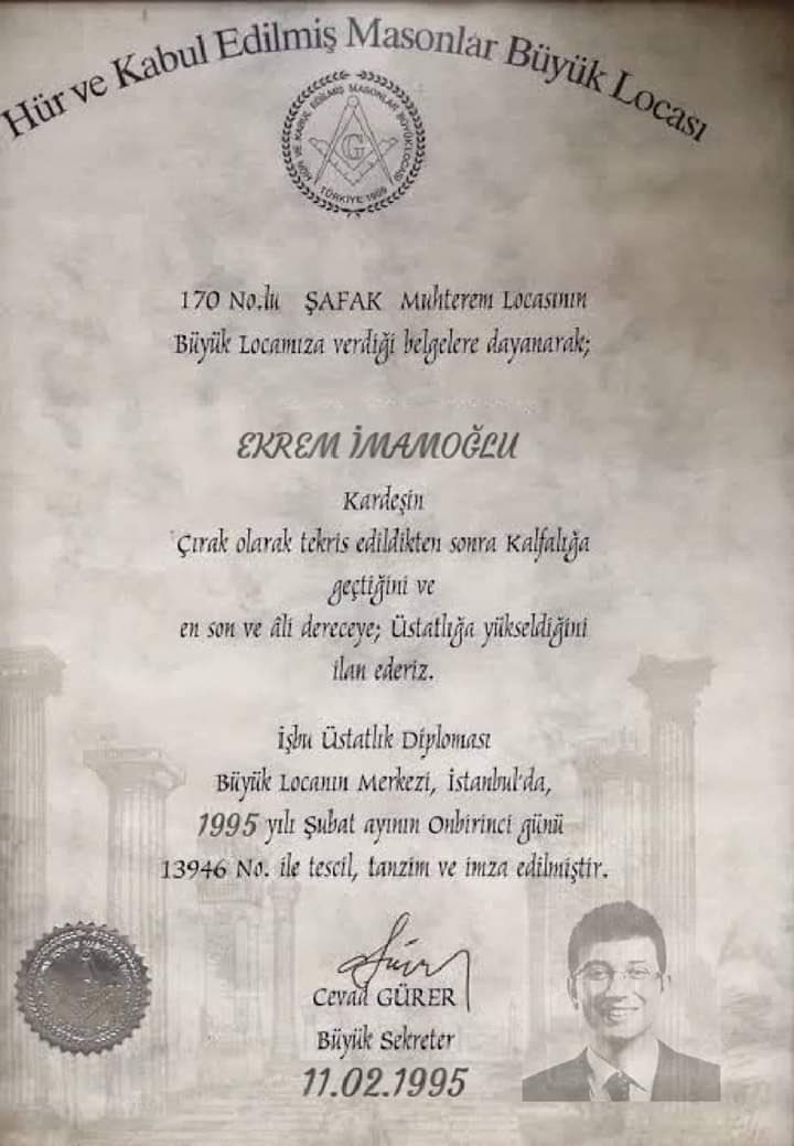 Ekrem İmamoğlu'nun Hür ve Kabul Edilmiş Masonlar Büyük Locası Üyelik Belgesi Olduğu İddiasıyla Paylaşılan Görsel