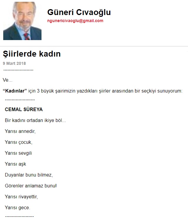 Güneri Cıvaoğlu'nun Milliyet Gazetesinde yayınlanan 9 Mart 2018 tarihli “Şiirlerde kadın” başlıklı yazısı