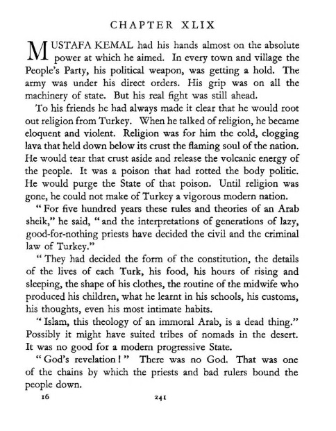 H. C. Armstrong'un "Grey Wolf, Mustafa Kemal, An Intimate Study of a Dictator" adlı kitabında Atatürk'ün İslâm hakkında söylediği iddia edilen sözün yer aldığı sayfa