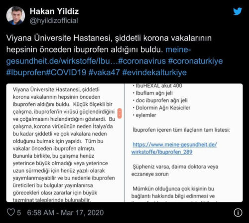 Viyana Üniversite Hastanesi'nin şiddetli vakaların hepsinin daha önceden ibuprofen aldığını iddia ettiğini öne süren paylaşım