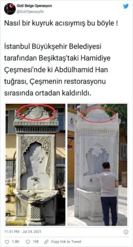 hamidiye çeşmesi abdulhamit tuğrası silindi