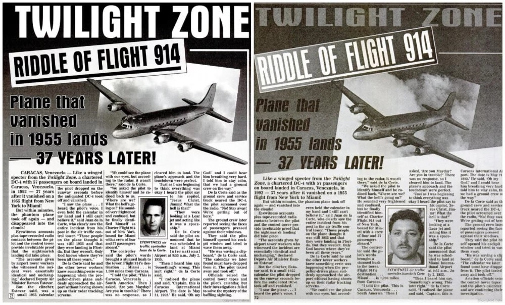 Weekly World News adlı yayından havada kaybolduktan 37 yıl sonra geri döndüğü iddia edilen uçağa ilişkin haberler