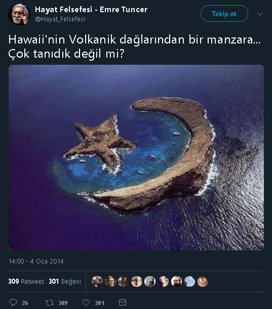 Hawaii'deki ay yıldız şeklindeki volkanik dağa ait olduğu iddiasıyla paylaşılan fotoğrafı içeren tweet