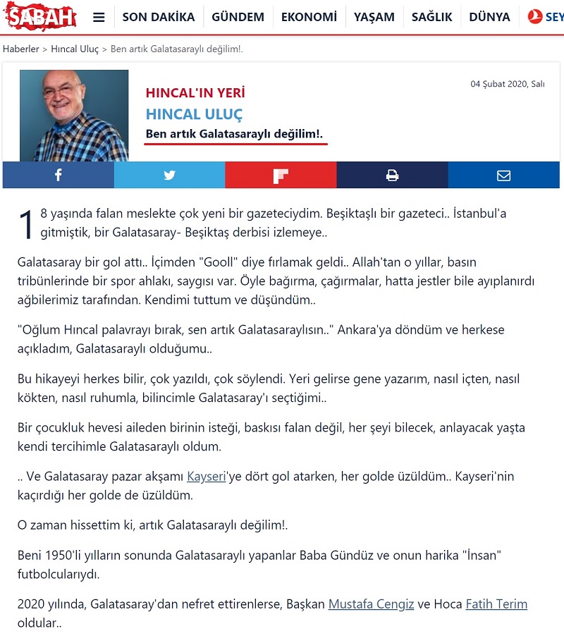 Hıncal Uluç'un 4 Şubat 2020 tarihli "Ben artık Galatasaraylı değilim!." başlıklı köşesi