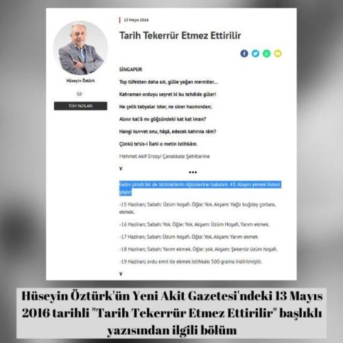 Hüseyin Öztürk'ün Yeni Akit Gazetesi'ndeki "Tarih Tekerrür Etmez Ettirilir"başlıklı 13 Mayıs 2016 tarihli yazısı