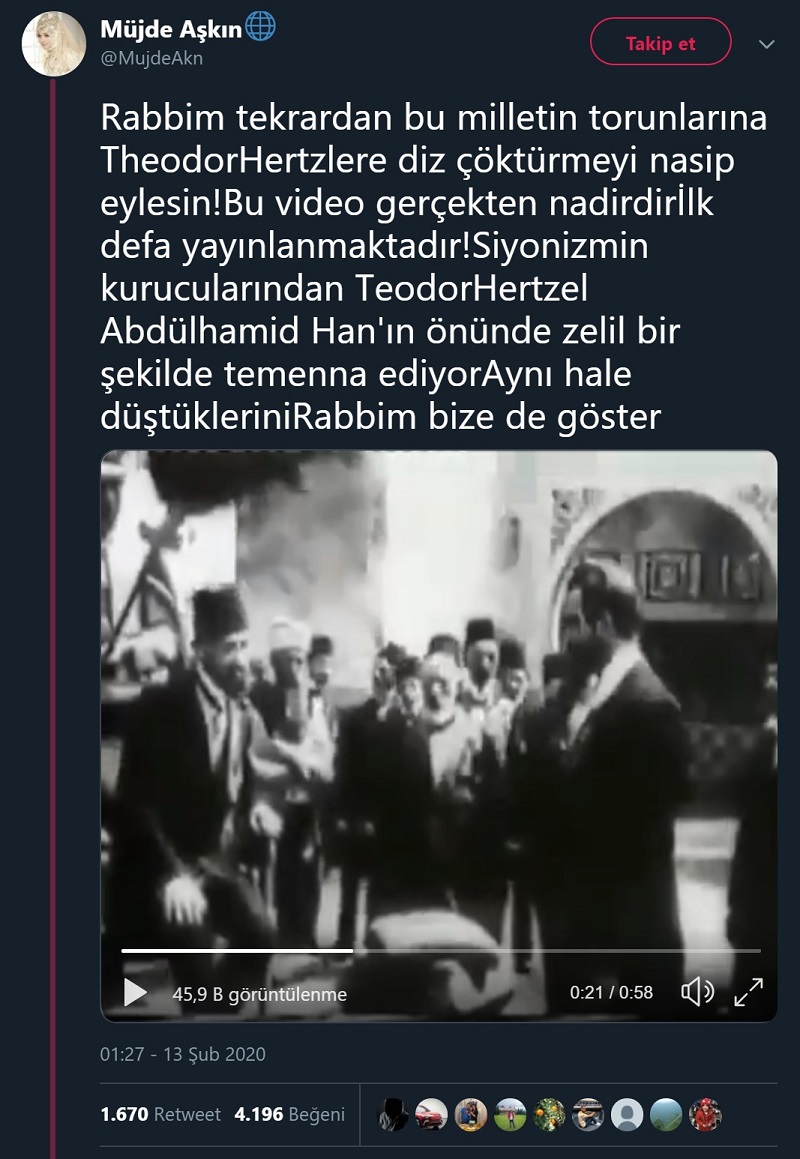 Theodor Herzl'in 2. Abdülhamid'in önünde diz çöktüğü ana ait olduğu iddiasıyla paylaşılan video kaydını içeren paylaşım