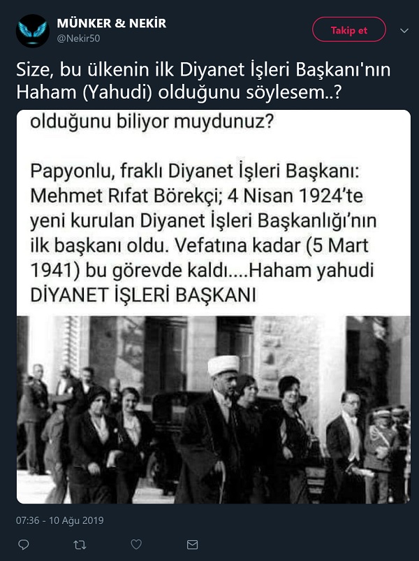 İlk Diyanet İşleri Başkanı Mehmet Rıfat Börekçi'nin yahudi bir haham olduğu iddiasını içeren paylaşım