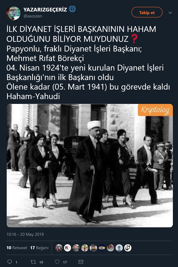 İlk Diyanet İşleri Başkanı Mehmet Rıfat Börekçi'nin yahudi bir haham olduğu iddiasını içeren paylaşım