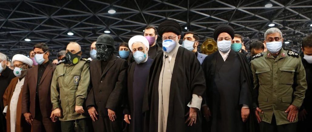 İran'da devlet yöneticilerini koronavirüsten korunmak için cemaatle namaz kılarken maske takarken gösteren montaj fotoğraf
