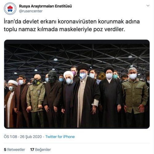 İran'ın devlet erkânının namazda koronavirüsten korunmak için maske taktığını gösteren montajlı fotoğrafı içeren paylaşım