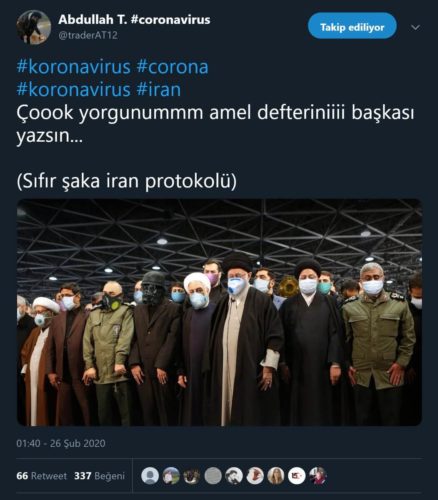 İran'ın devlet erkânının namazda koronavirüsten korunmak için maske taktığını gösteren montajlı fotoğrafı içeren paylaşım