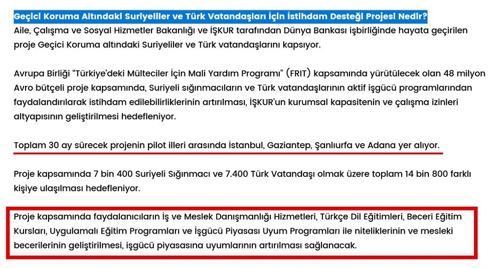 İŞKUR'un internet sitesindeki Geçici Koruma Altındaki Suriyeliler ve Türk Vatandaşları İçin İstihdam Desteği Projesi hakkındaki sayfadan ilgili bölüm