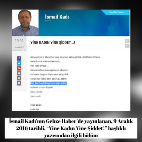  İsmail Kadı'nın Gebze Haber’de yayınlanan 9 Aralık 2016 tarihli, “Yine Kadın Yine Şiddet!” başlıklı yazısı