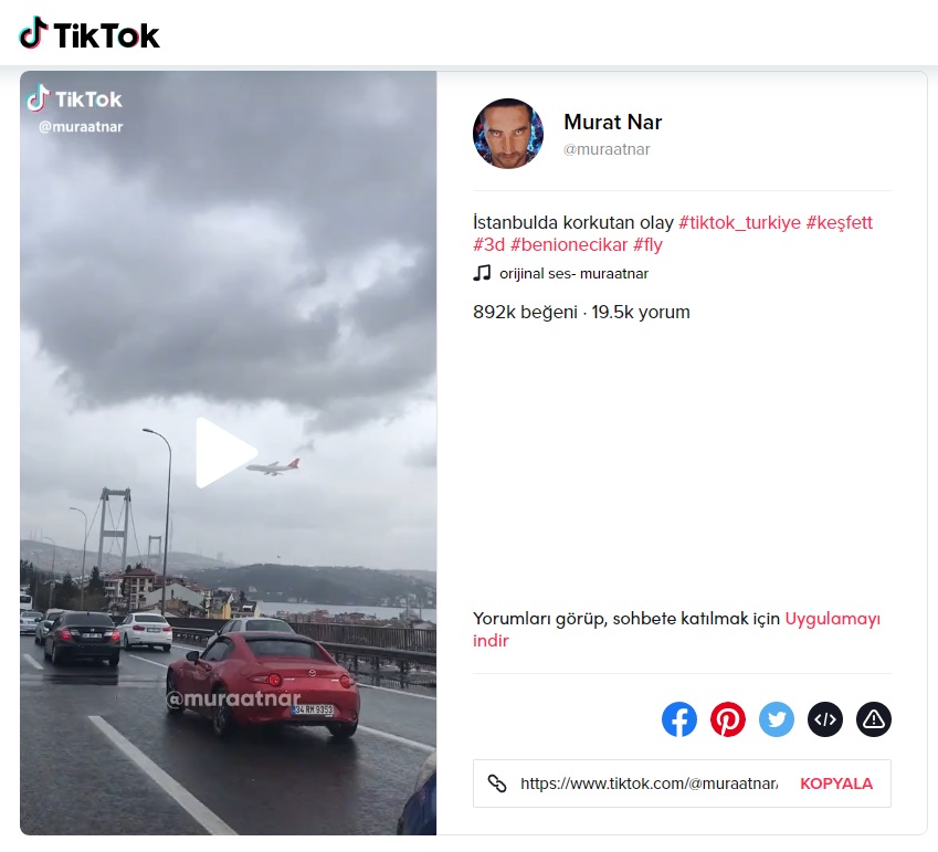 Murat Nar adlı Tiktok kullanıcısının düşen uçak montajına dair paylaşımı