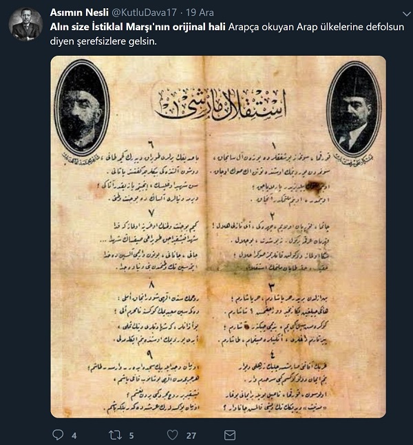 İstiklal Marşı'nın aslında Arapça yazıldığını sanan paylaşım