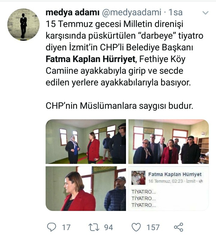 CHP'li İzmit Belediye Başkanı Fatma Kaplan Hürriyet'in ve beraberindekilerin camiye ayakkabıyla girdiklerini öne süren paylaşım