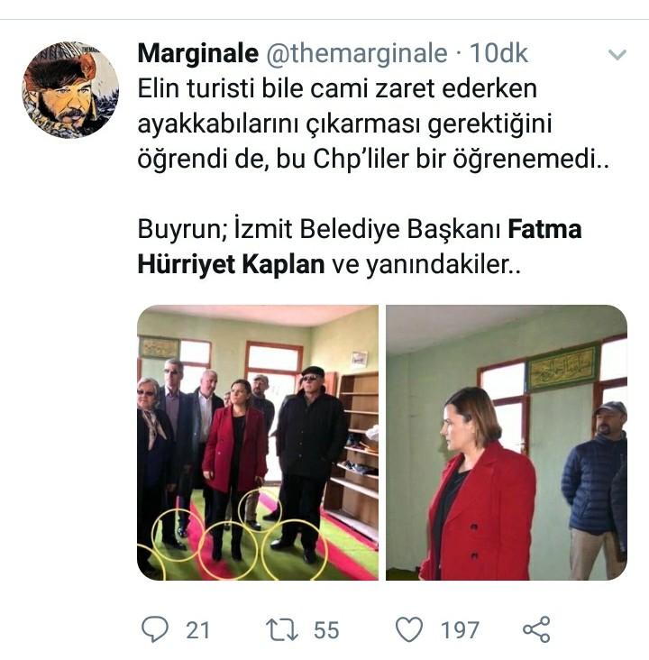 CHP'li İzmit Belediye Başkanı Fatma Kaplan Hürriyet'in ve beraberindekilerin camiye ayakkabıyla girdiklerini öne süren paylaşım