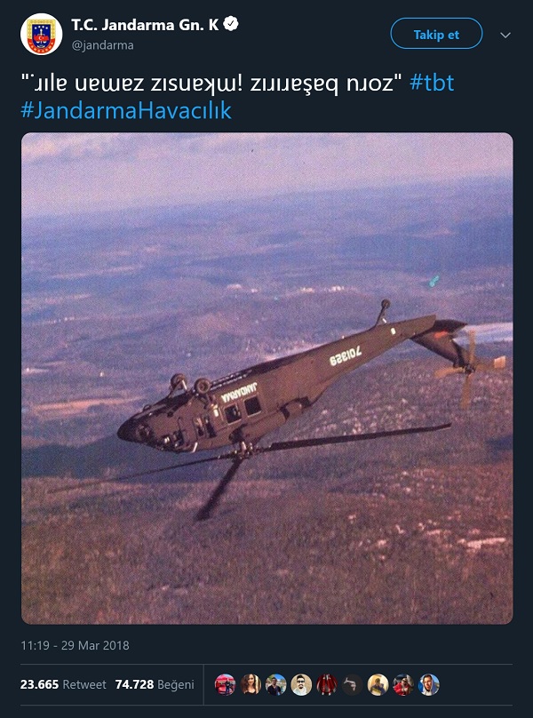 Jandarma Genel Komutanlığı'nın '' Zoru başarırız, imkansız zaman alır! '' mesajını içeren Sikorsky helikopterinin ters çevrilmiş fotoğrafını içeren paylaşım