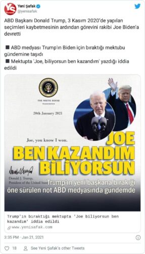 donald trump'ın joe biden'a yazdığı sanılan sahte mektubu haberleştiren paylaşım