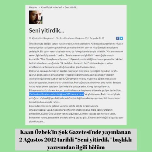 Kaan Özbek'in Şok Gazetesindeki "Seni yitirdik" başlıklı 3 Ağustos 2012 tarihli yazısı