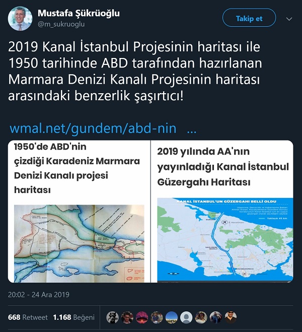 ABD tarafından yıllar önce Kanal İstanbul benzeri bir proje için hazırlandığı sanılan haritayı içeren paylaşım