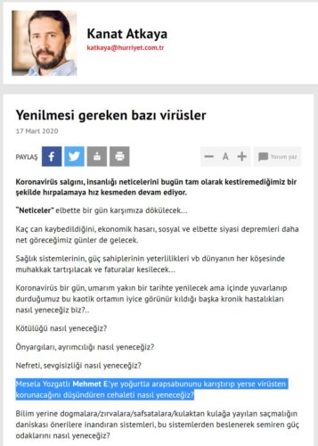 Kanat Atkaya'nın Hürriyet Gazetesi'ndeki "Yenilmesi gereken bazı virüsler" başlıklı 17 Mart 2020 tarihli yazısı