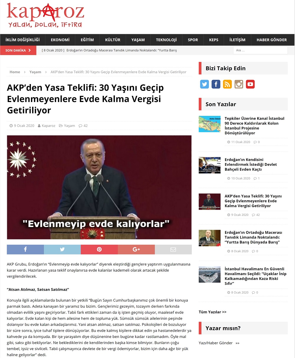 Kaparoz.com'un "AKP’den Yasa Teklifi: 30 Yaşını Geçip Evlenmeyenlere Evde Kalma Vergisi Getiriliyor" başlıklı parodi haberi