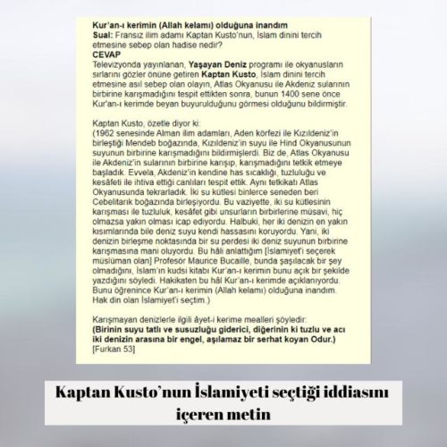 Kaptan Kusto'nun Müslüman olduğu iddiasını aktaran metin